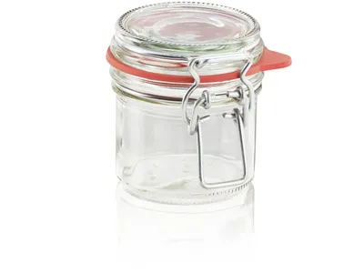 A clear studio shot of an empty glass jar with a red seal and a silver wire bail closure, set against a white background.