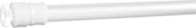 A white tension rod for a window curtain.