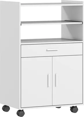 Productafbeelding van Magnetronoven, plank, kast met dubbele deur, lade, wielen, wit, hout
