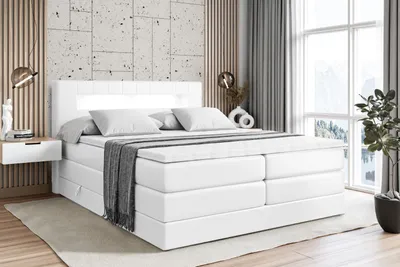 Produktbild von ALTDECOR Boxspringbett mit 2 Matratzen und Topper - 200x200 cm - ORGOL KING - Weiß Kunstleder - Polsterbett mit, H3- und H4- Matratzen, Bettkasten und Lattenrost, Bett mit Stauraum
