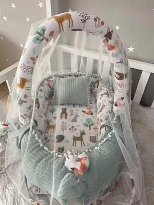 Produktbild von Jaju Baby Babynestchen Set mit Kissen und Moskitonetz, 100 x 60 cm, Wald