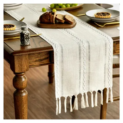 Produktbild von Boho Creme Tischläufer im Landhausstil mit Quasten, waschbar, Tischdekoration für Party, Geburtstag, Valentinstag und Hochzeit, 33x183 cm