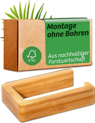 Produktbild von Toilettenpapierhalter ohne Bohren aus Holz - Einfache Befestigung - Bambus aus Nachhaltiger Forstwirtschaft - Hält Sicher an der Wand