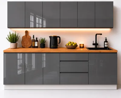 Produktbild von Küchenzeile 240 cm Küchenblock Einbauküche ohne Arbeitsplatte, LETANO Luki 6 Grau Hochglanz mit Soft-Close