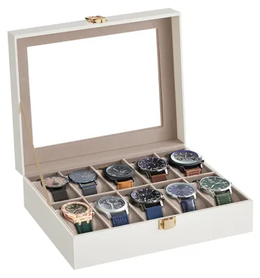 Produktbild von SONGMICS Uhrenbox mit 10 Fächern, Uhrenkasten, Glasdeckel, Uhrenkoffer, herausnehmbare Uhrenkissen, Metallverschluss, Geschenkidee, PolyurethanBezug in Wolkenweiß, Samtfutter in Cappuccinobeige JWB010W01