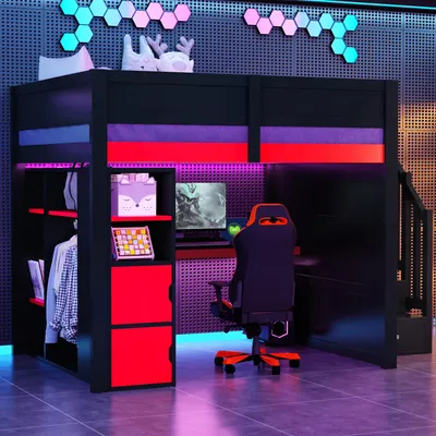 Immagine prodotto di Letto a soppalco in legno per videogiochi, 140x200, con scrivania, spazio contenitivo, illuminazione LED, porte USB e scala con spazio contenitivo (nero e rosso)