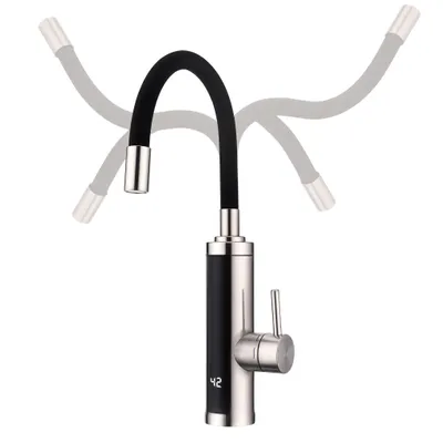 A kitchen faucet with a flexible black hose and a digital temperature display.