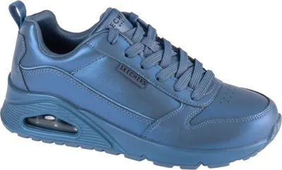 A single blue Skechers sneaker is shown from a side angle against a white background.