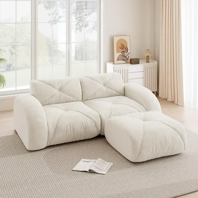 Zdjęcie produktu dla Sofa modułowa, nowoczesna sofa dwuosobowa z podnóżkiem, pianka o wysokiej gęstości 32D, idealna do salonu, tkanina szenilowa przyjazna dla zwierząt, konstrukcja antypoślizgowa, miękka tkanina, kolor biały