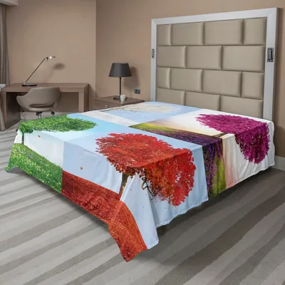 Produktbild von ABAKUHAUS Natur Bettlaken, Herz Muster Von einen Baum In den 4; Jahreszeiten Sommer Herbst Winter Frühling, weiches bequemes oberes Bettlaken für ein Nachbildungatives Bett 1 Stück 275 cm x 260 cm, Mehrfarbig