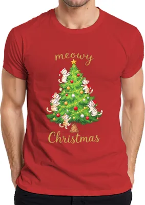 Produktbild von meowy Christmas Katzen Weihnachtsbaum niedlich Katzenliebhaber Herren T-Shirt, Rot, L