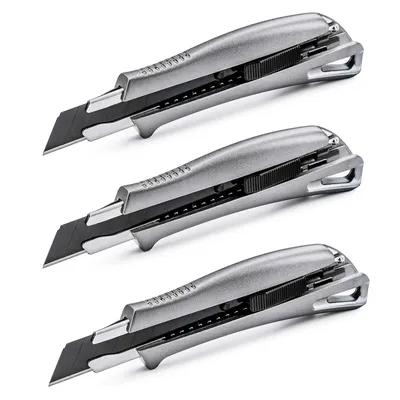 Produktbild von 3er Set Profi Cuttermesser aus Aluminium Teppichmesser mit scharfer Klinge Universalmesser Paketmesser Kartonmesser