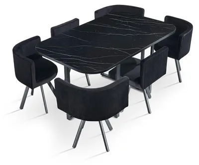 Image de MENZZO Table rectangulaire 150cm avec 6 chaises gain de place Oslo XL Effet marbre noir et Velours Noir