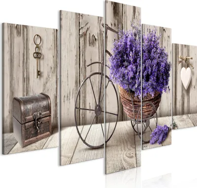 Immagine prodotto di Quadri su tela fiori 200x100 cm in tessuto non tessuto 5 pezzi stampa d'arte moderna arte murale XXL decorazione murale design quadro murale - lavanda legno aspetto cuore bicicletta b-C-0644-b-m