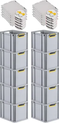 Produktbild von SuperSparSet 10x Eurobox NextGen Color mit Scharnierdeckel und Schiebeschnappverschlüssen | HxBxT 32x30x40cm | 30 Liter | Grau | Griffe gelb offen | Glatter Boden | Eurobehälter, Transportbox, Transportbehälter, Stapelbehälter