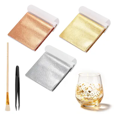 Produktbild von Imitations-Blattgold-Set – 300 Blätter für kreative Anwendungen in Gold, Silber und Roségold