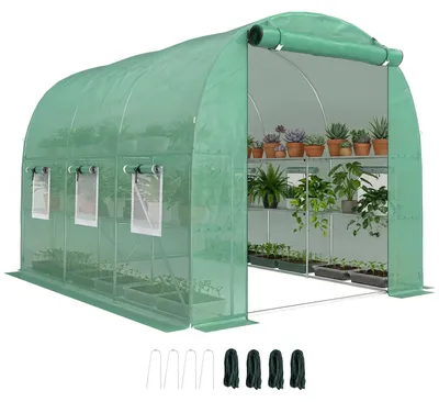 Obrázek produktu pro Skleník pro venkovní použití - tunelový skleník 2,8 x 2 x 1,9 m - s policemi - s rolovacími dveřmi - s 6 síťovými okny - z PE fólie - z pozinkované oceli - zelený