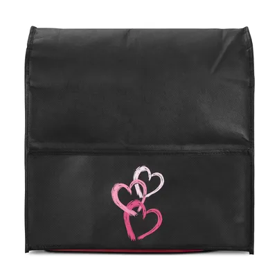 A black cover with three pink and white hearts printed on it, set against a white background.