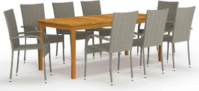 Produktbild von Gartenmöbel-Set 9-tlg. Grau Akazien-Massivholz/PE Rattan Stahl 200x90x74cm Tisch 8 Stühle stapelbar