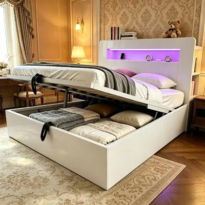 Immagine prodotto di Letto imbottito 140x200 con contenitore, realizzato in legno, con testiera LED, prese di corrente integrate e vani contenitori, colore bianco, dimensioni 219,5x141x107 cm