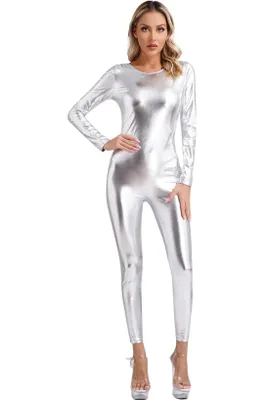Obrázok produktu pre Dámsky metalický catsuit, veľkosť XXL, strieborná, lesklý celotielový overal, dlhé rukávy, kombinéza, kostým "Space Girl", vhodný na karneval, Halloween, fašiangy, párty, vystúpenie