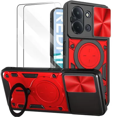 Image de Coque + 2 Verres Trempés pour Xiaomi Redmi 15C 4G/5G, Protection Rigide avec Anneau et Cache Objectif - Rouge
