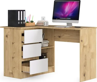 Produktbild von BDW, Eckschreibtisch rechts, 3 Schubladen, 4 Regale, Artisan Eiche / weiß links