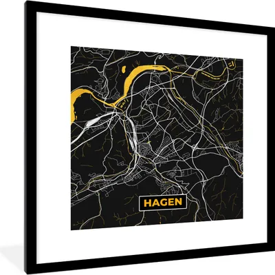 Produktbild von MuchoWow® Gerahmtes Poster Hagen - Deutschland - Gold - Stadtplan - Karte 40x40 cm - Poster mit Schwarzem Bilderrahmen Wandposter Rahmen Foto Bilder - Poster - Plakat im Rahmen