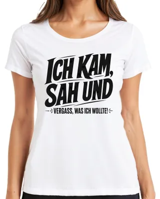 Immagine prodotto di "Sono arrivato, ho visto e ho dimenticato cosa volevo." T-shirt da donna, bianca, taglia S. (Dichiarazione ironica/sarcastica)