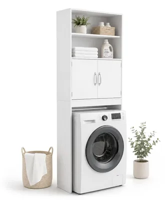 Produktbild von Relaxdays Waschmaschinenschrank, 4 Fächer, Regal über Waschmaschine, Trockner, Toilette, HxBxT: 185 x 63 x 20 cm, weiß