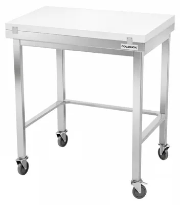 Produktbild von Arbeitstisch aus Edelstahl, 700 x 700 mm, mit weißer Schneideplatte und Rollenuntergestell,  – GOLDINOX