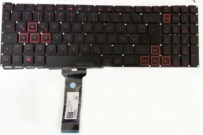 A black laptop keyboard with red lettering and accents, connected to a ribbon cable, is laid out on a white background.