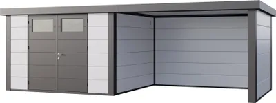 Produktbild von Telluria Metallgerätehaus Classico 3330 mit Lounge Anbau (ca. 450 cm Breite) weiß Lounge-Anbau rechts