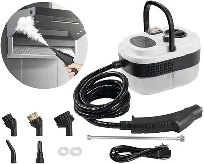 Zdjęcie produktu dla Odkurzacz parowy do czyszczenia powierzchni zasilany silnikiem o mocy 2500 W, z pojemnikiem o pojemności 1200 ml i 6 ustawieniami, przeznaczony do czyszczenia tapicerki samochodowej, mebli, kuchni, fug, łazienek oraz pojazdów. W zestawie 3 szczotki i akcesoria do użytku domowego
