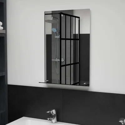 A bathroom mirror with a shelf, reflecting a shower.