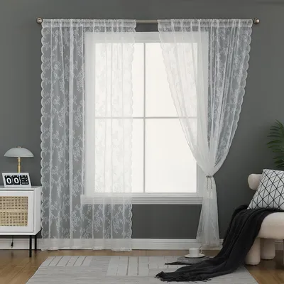 Produktbild von Voile Weiß Spitze Transparent Vorhang Blumen Stickerei Gardinen Stangentaschen Dekoschal für Wohnzimmer Schlafzimmer, B145xH183cm