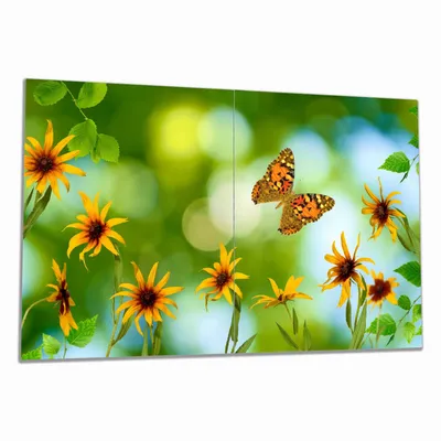 Produktbild von Wallario Herdabdeckplatte aus Glas, Größe 80 x 52 cm 2-teilig, Motiv Blumen mit Schmetterling