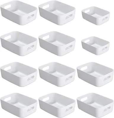Immagine prodotto di Contenitori portaoggetti, 12 pezzi, cestini portaoggetti in plastica con maniglie, colore bianco, per la cucina