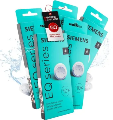 Produktbild von MEISTERZWECK4U - Siemens TZ80001A Reinigungstabletten, 5x10 Reinigungstabs für Kaffeevollautomaten EQ Series - entfernt Kaffeeöl Rückstände, verbessert Aroma - Reiniger Kaffeemaschinen, Kaffeeautomat