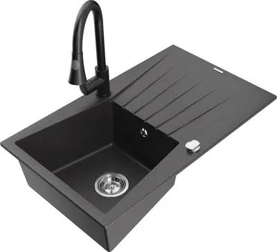 Produktbild von Mexen Cesar 1 Becken-Granitspüle mit Abtropffläche und Mischbatterie Elia, Schwarz gesprenkelt - 6514-76-670101-70