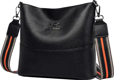 A black leather handbag with a striped strap is shown against a white background.