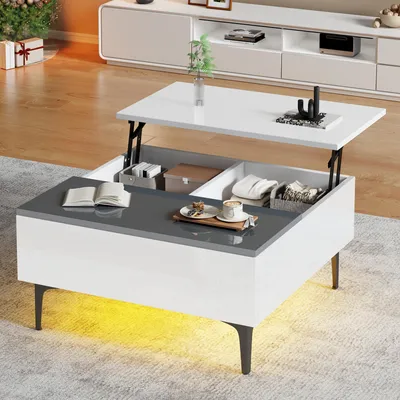 Image de Table basse 70 x 70 x 35 cm, table basse réglable en hauteur avec espace de rangement dissimulé et étagères, bureau avec éclairage LED, table de salon avec tiroirs