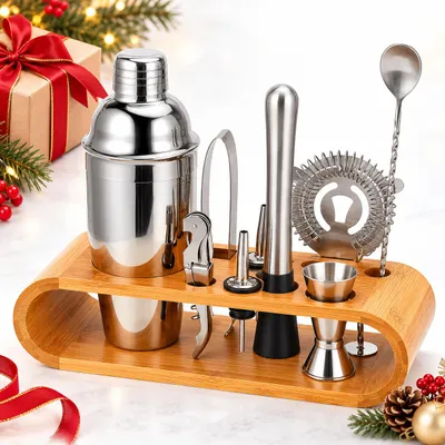 Produktbild von 10-tlg. Cocktail Shaker Set 750 ml aus Edelstahl mit Bambusständer, Cocktailset mit Messbecher, Barsieb, Barlöffel & Barzubehör