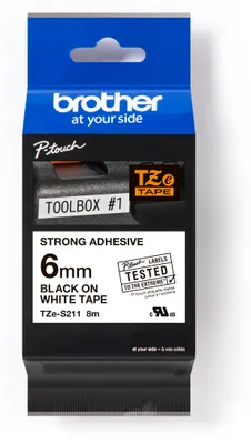 Produktbild von Brother TZe-S211 - Extra starker Klebstoff - Schwarz auf Weiß - Rolle (0,6 cm x 8 m) 1 Kassette(n) laminiertes Band - für Brother PT-D210, D600, H110, P-Touch PT-1005, 1880, E800, H110, P-Touch Cube Plus PT-P710