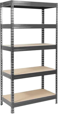 A gray metal shelving unit with wooden shelves against a white background.