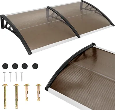A collage of images showing a brown awning and its mounting hardware.