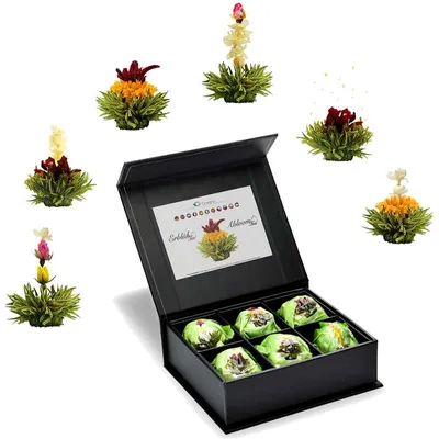 Immagine prodotto di Creano 6 fiori di tè confezione regalo tè verde in elegante scatola magnetica con goffratura in argento - 6 gusti diversi - regalo di Natale