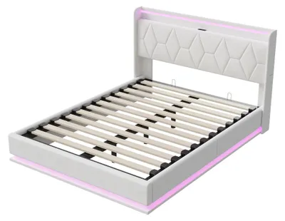 Produktbild von Polsterbett mit Stauraum - Hydraulisches Doppelbett - LED Beleuchtung und USB - Samt - 160×200 cm - Lattenrost - Weiß