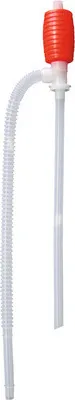 A red and white manual fuel transfer pump with a flexible hose.