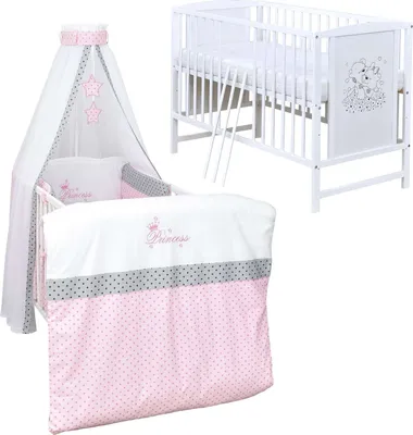 Produktbild von Baby-Delux Babybett Gitterbett Mia weiß 120×60 inkl. Matratze Bettwäsche Set 10tlg Princess Stars